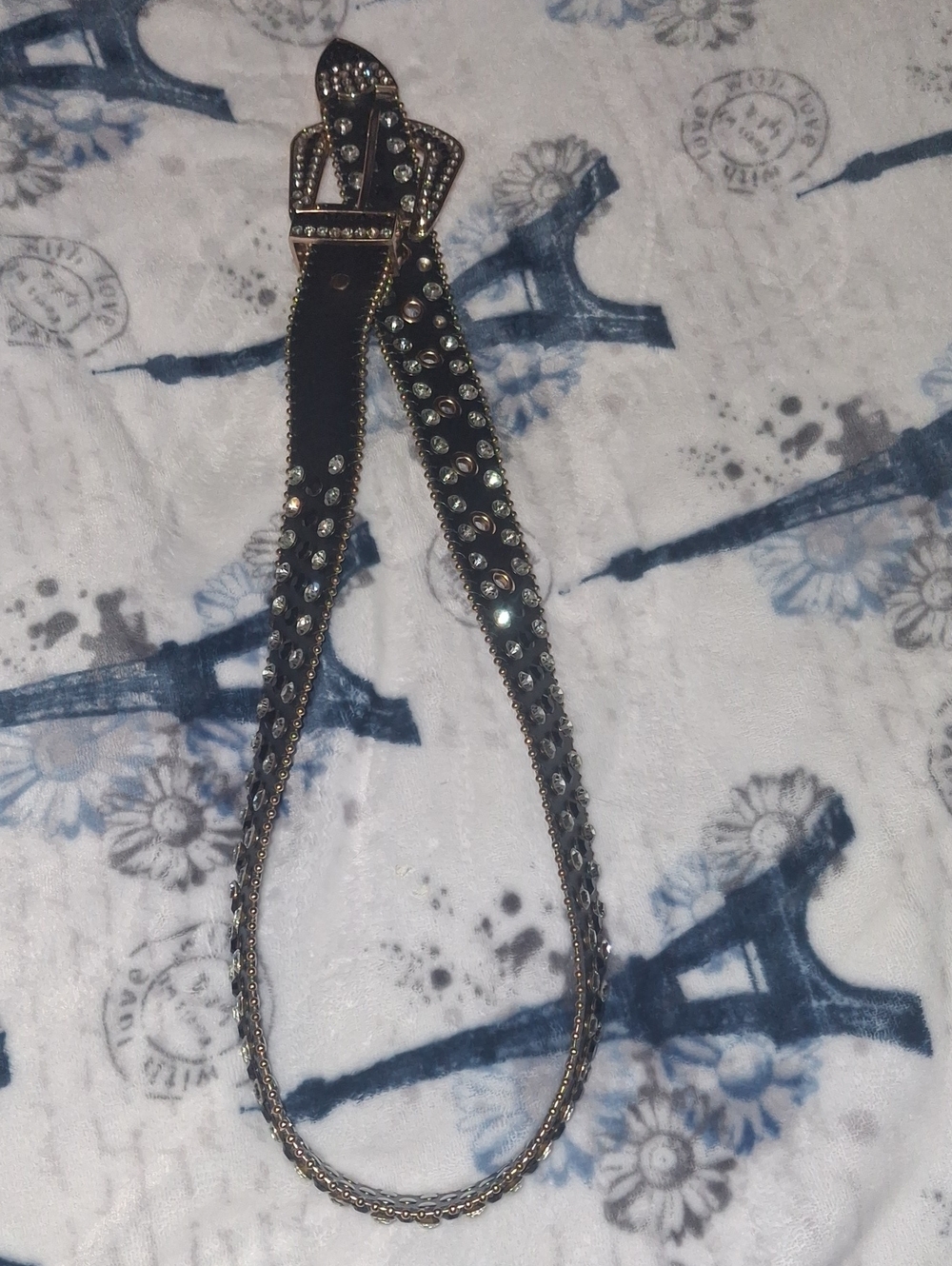Studded Black Leather Belt with Crystal Accents